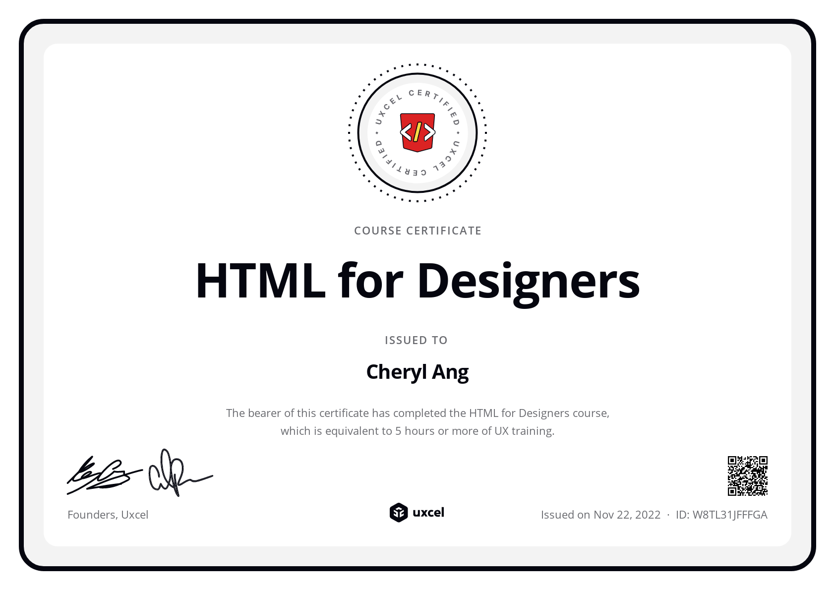 Cheryl Ang's certificate